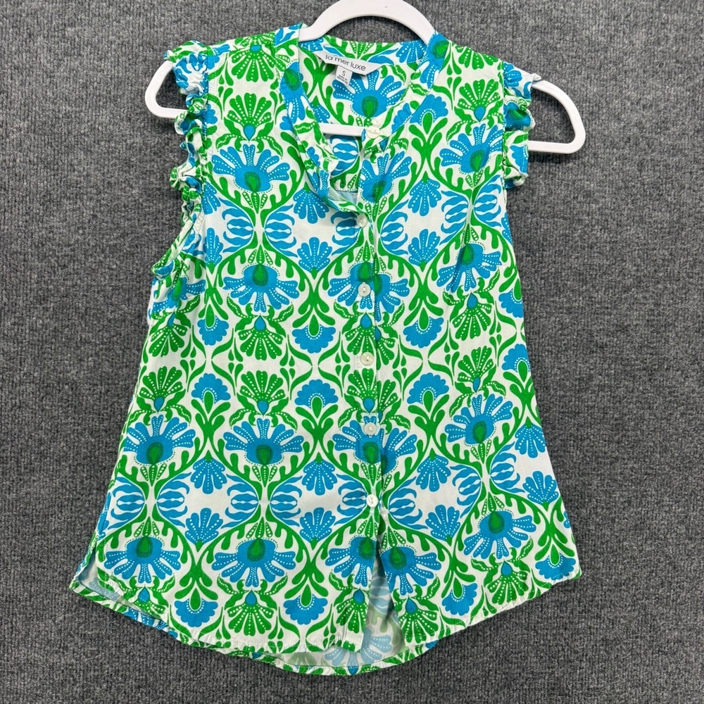 La Mer Luxe Blouse Small Blue Floral Button Up Coastal Beachy Resort Vacation